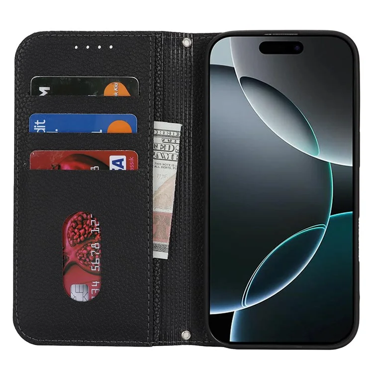 Ständer-Hülle für iPhone 16 Pro mit Litschi-Textur, Leder-Klappcover mit Trageriemen / Geldbörse - Schwarz
