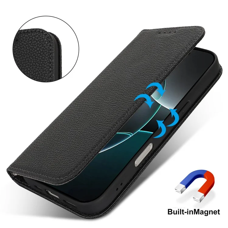 Ständer-Hülle für iPhone 16 Pro mit Litschi-Textur, Leder-Klappcover mit Trageriemen / Geldbörse - Schwarz