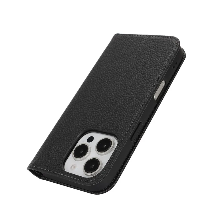 Ständer-Hülle für iPhone 16 Pro mit Litschi-Textur, Leder-Klappcover mit Trageriemen / Geldbörse - Schwarz