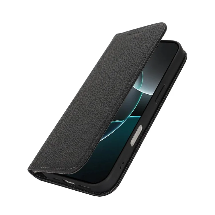 Ständer-Hülle für iPhone 16 Pro mit Litschi-Textur, Leder-Klappcover mit Trageriemen / Geldbörse - Schwarz