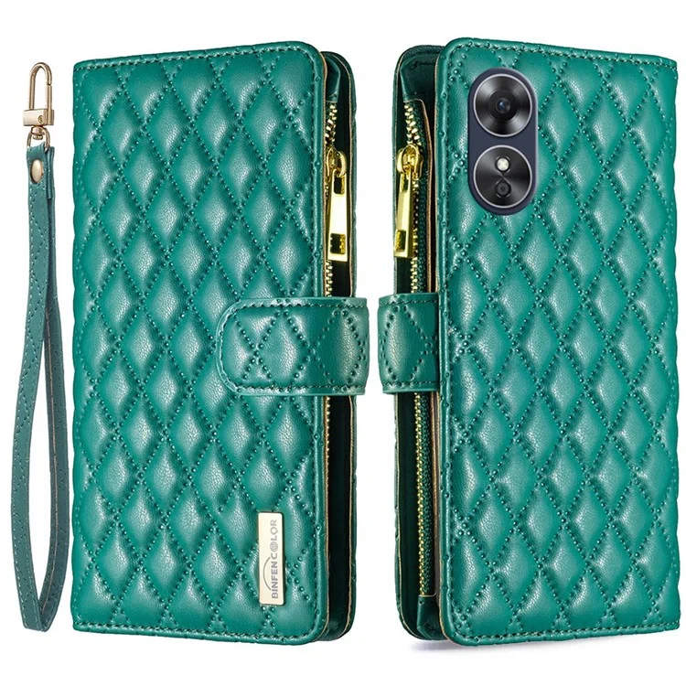 BINFEN COLOR BF Style-15 para Oppo A17 4G Capa Protetora de Telefone de Couro PU Anti-queda com Bolso de Zíper Protetor Carteira com Padrão Estampado de Losango - Verde
