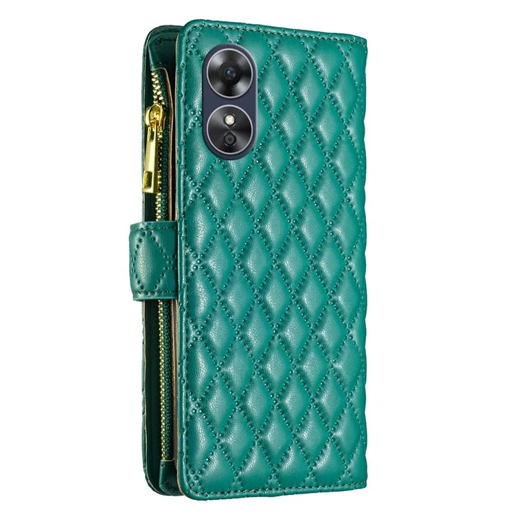 BINFEN COLOR BF Style-15 para Oppo A17 4G Capa Protetora de Telefone de Couro PU Anti-queda com Bolso de Zíper Protetor Carteira com Padrão Estampado de Losango - Verde