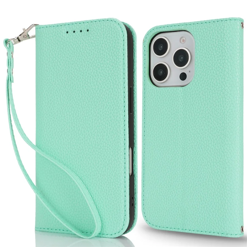 Stand Case for iPhone 16 Pro Max Litchi Texture Leather Flip Phone Cover with Strap  /  Wallet - Mint Green