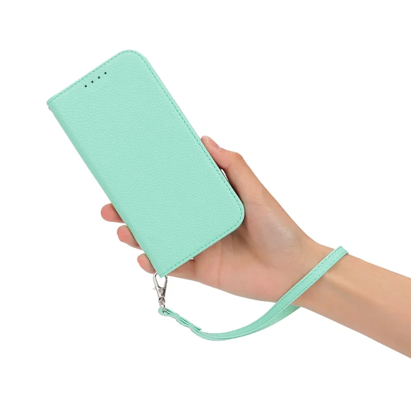 Stand Case for iPhone 16 Pro Max Litchi Texture Leather Flip Phone Cover with Strap  /  Wallet - Mint Green