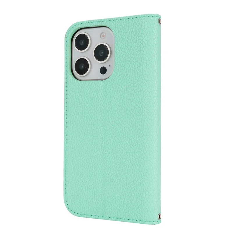Stand Case for iPhone 16 Pro Max Litchi Texture Leather Flip Phone Cover with Strap  /  Wallet - Mint Green