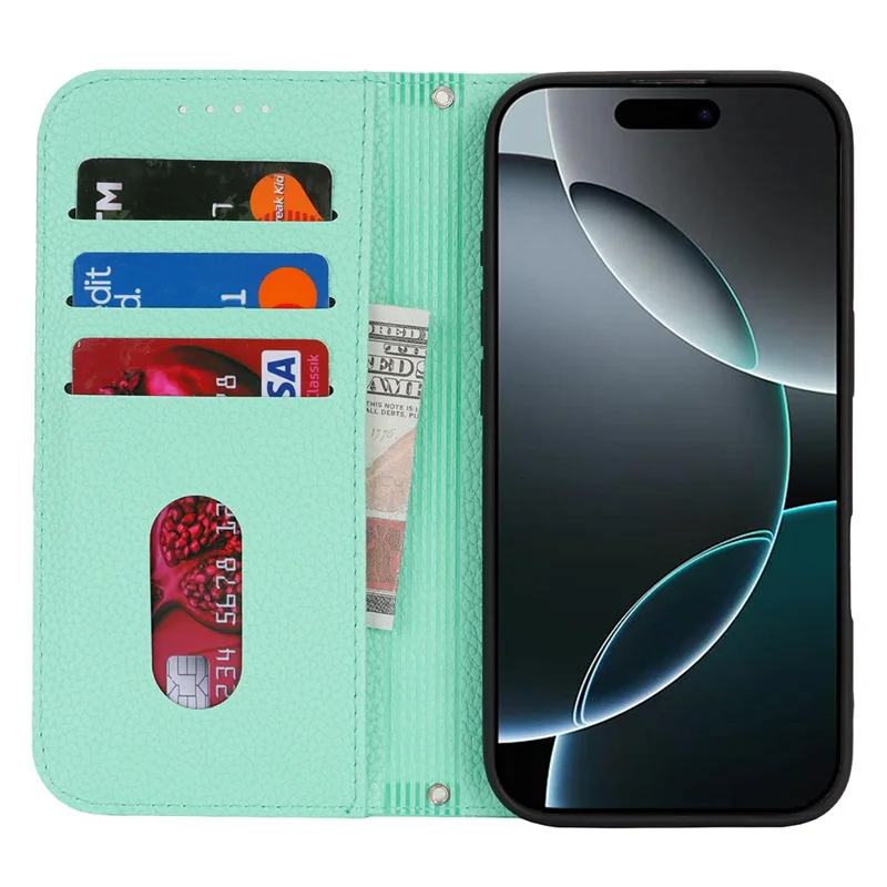 Stand Case for iPhone 16 Pro Max Litchi Texture Leather Flip Phone Cover with Strap  /  Wallet - Mint Green