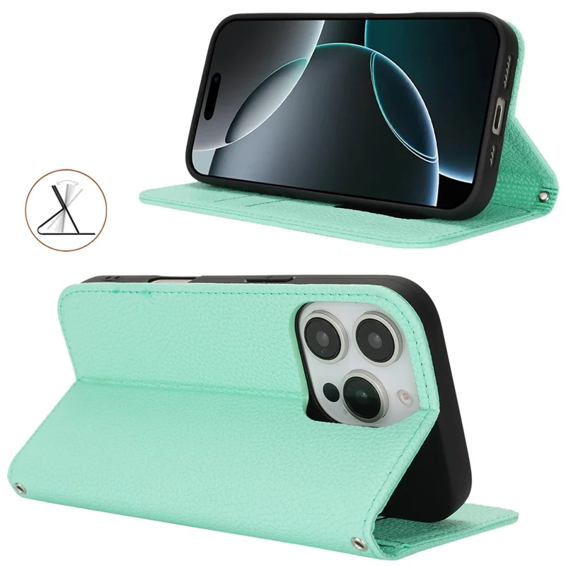 Stand Case for iPhone 16 Pro Max Litchi Texture Leather Flip Phone Cover with Strap  /  Wallet - Mint Green