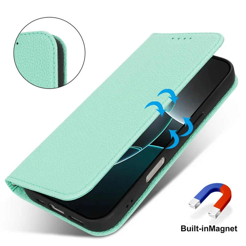 Stand Case for iPhone 16 Pro Max Litchi Texture Leather Flip Phone Cover with Strap  /  Wallet - Mint Green