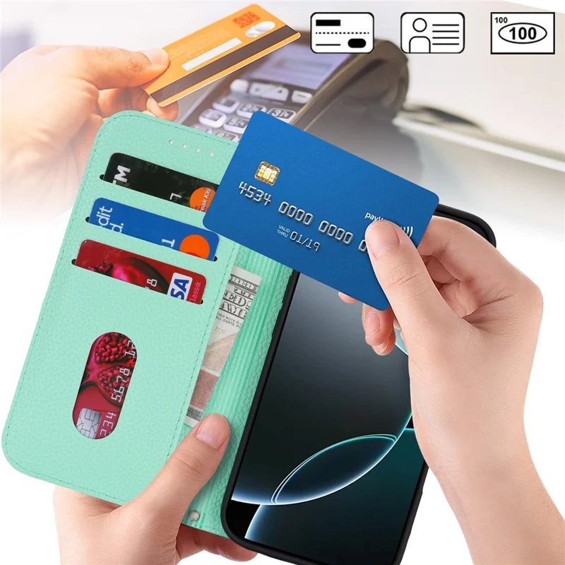 Stand Case for iPhone 16 Pro Max Litchi Texture Leather Flip Phone Cover with Strap  /  Wallet - Mint Green