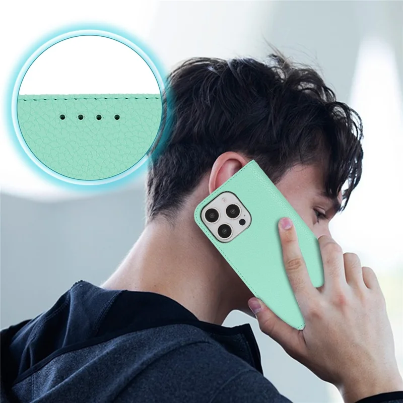 Stand Case for iPhone 16 Pro Max Litchi Texture Leather Flip Phone Cover with Strap  /  Wallet - Mint Green