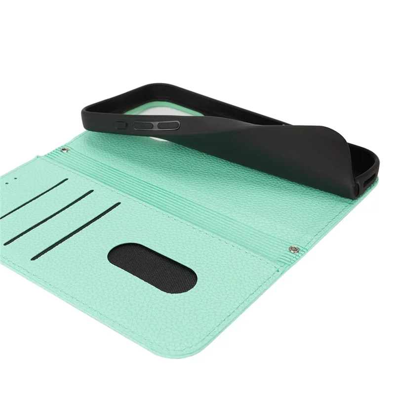 Stand Case for iPhone 16 Pro Max Litchi Texture Leather Flip Phone Cover with Strap  /  Wallet - Mint Green