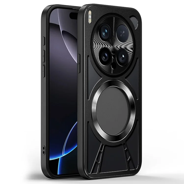 Für vivo X200 Ultra 5G Hülle Magnetischer Ständer Hohle Wärmeableitung Silikon + PC + Metall Stoßfänger Handyhülle - Schwarz