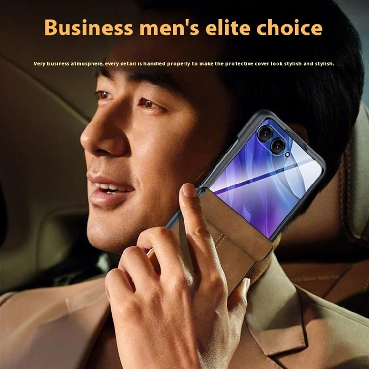 For Motorola Razr 60 Ultra 5G Case Leather Hard PC Phone Cover with Rear Screen Film / Hinge - Black