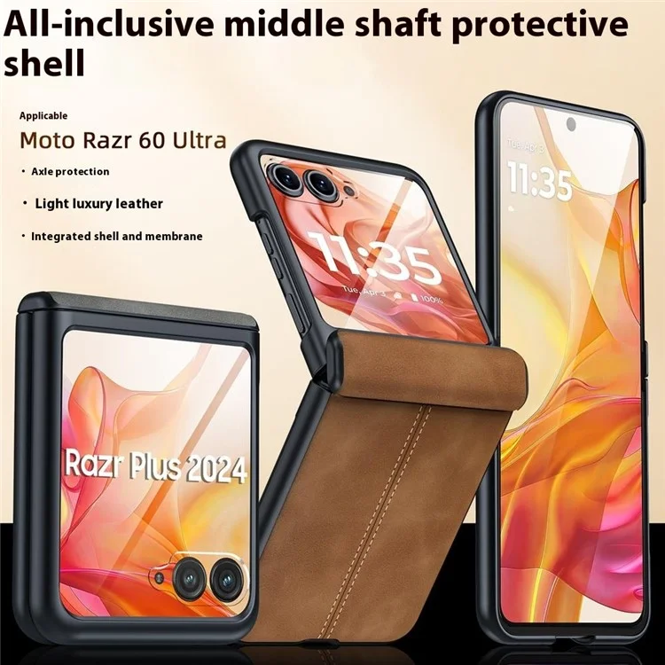 For Motorola Razr 60 Ultra 5G Case Leather Hard PC Phone Cover with Rear Screen Film / Hinge - Black