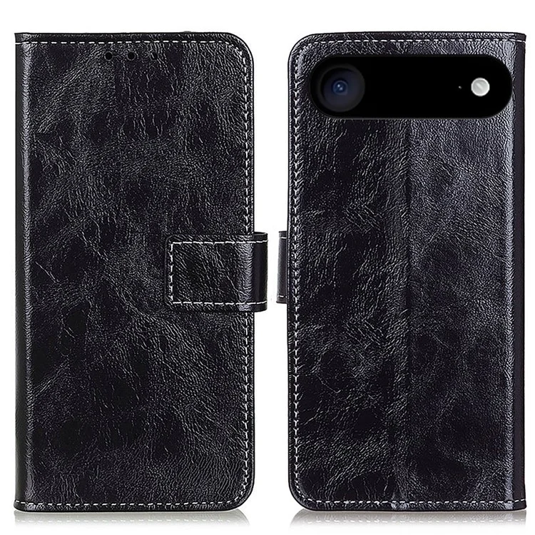 For iPhone 17 Air Case Wallet Leather Phone Cover Crazy Horse Texture - Black