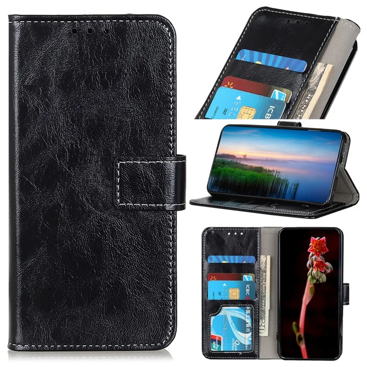For iPhone 17 Air Case Wallet Leather Phone Cover Crazy Horse Texture - Black