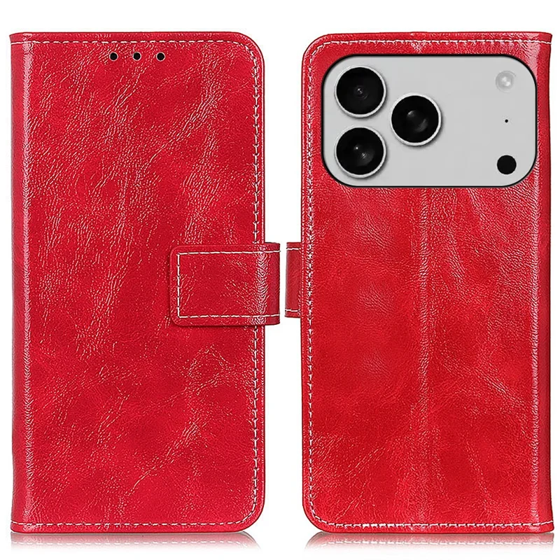 Für iPhone 17 Pro Hülle Brieftasche Leder Telefonabdeckung Crazy Horse Textur - Rot