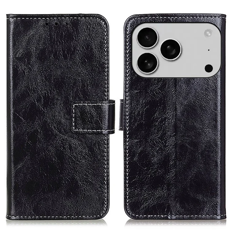 Für iPhone 17 Pro Max Hülle Geldbörse Leder Handyhülle Crazy Horse Textur - Schwarz