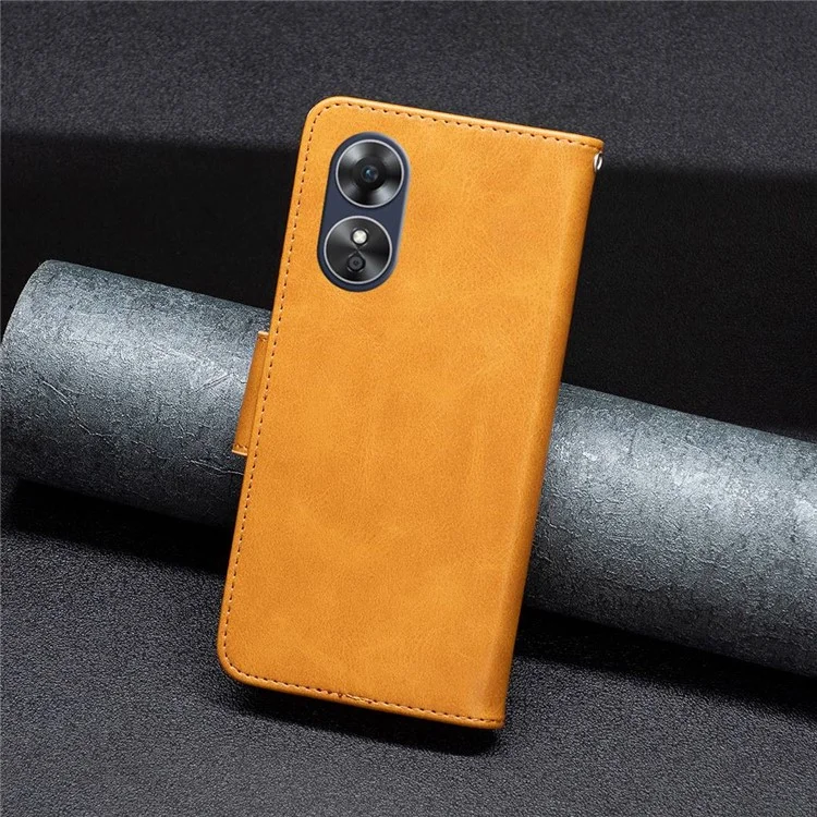 Para Oppo A17 4G BF Series de Cuero-4 Teléfono Magnetic Telep Standable Pus PU Cubierta de Billetera a Prueba de Amortiguadores de Cuero Con Correa de Muñeca - Amarillo