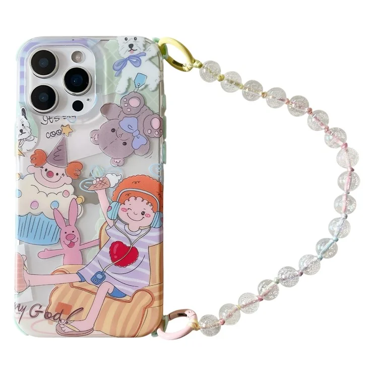 For iPhone 16 Pro Max Case IMD Cute Music Girl TPU Phone Cover with Beaded Strap