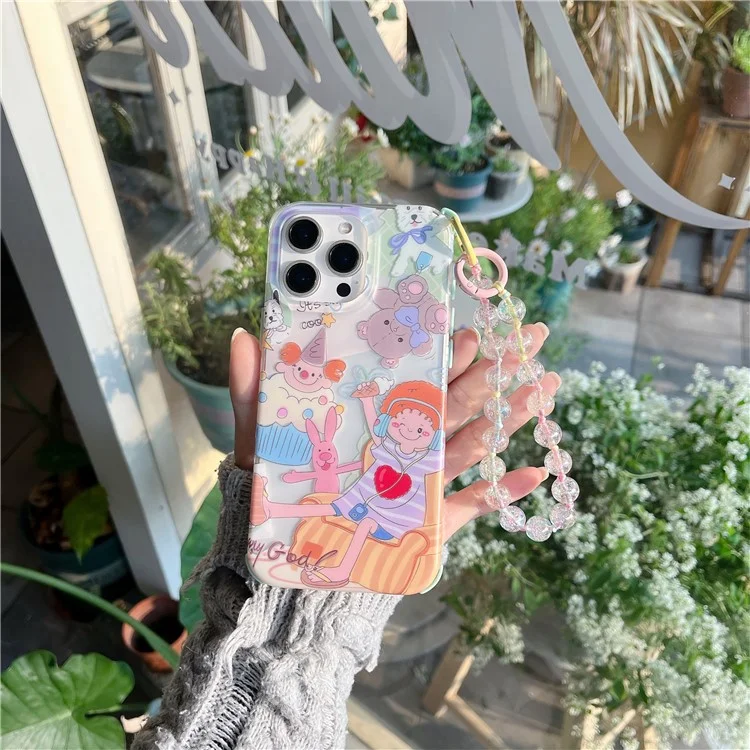 For iPhone 16 Pro Max Case IMD Cute Music Girl TPU Phone Cover with Beaded Strap