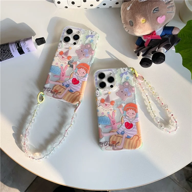 For iPhone 15 Pro Max Case IMD Cute Music Girl TPU Phone Cover with Beaded Strap