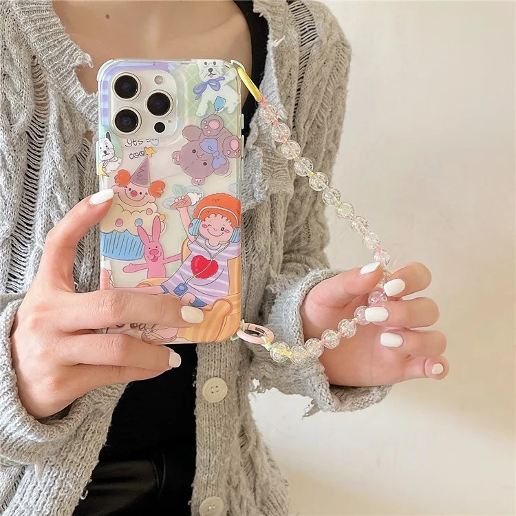 For iPhone 15 Pro Max Case IMD Cute Music Girl TPU Phone Cover with Beaded Strap