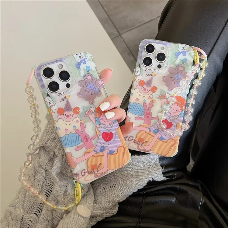 For iPhone 15 Pro Max Case IMD Cute Music Girl TPU Phone Cover with Beaded Strap