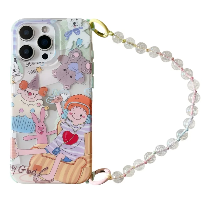 Voor iPhone 15 Pro Hoesje IMD Schattig Muziekmeisje TPU Telefoonhoesje met Kralenbandje