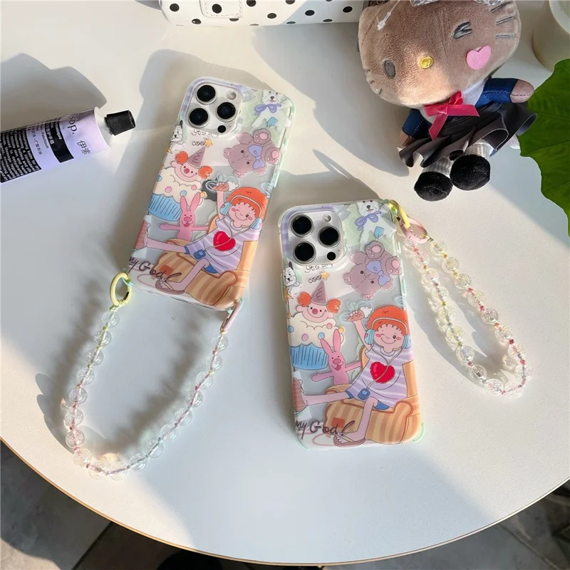 Voor iPhone 15 Pro Hoesje IMD Schattig Muziekmeisje TPU Telefoonhoesje met Kralenbandje