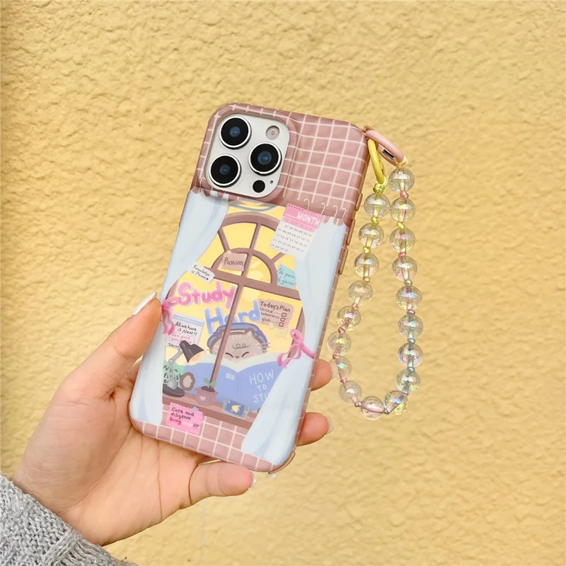 For iPhone 16 Pro Case IMD Cat Reading Design TPU Phone Cover with Beaded Strap