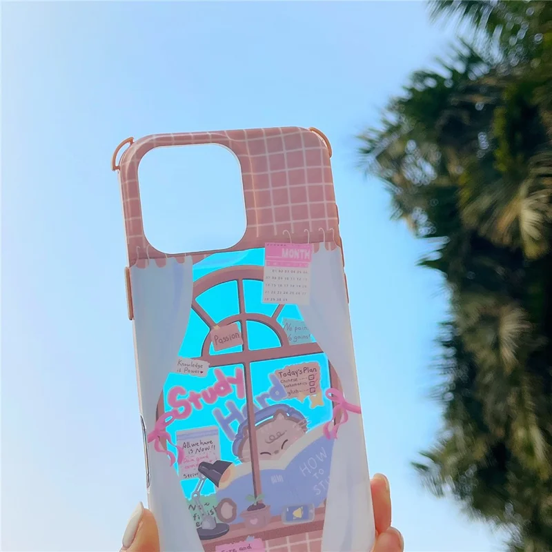 For iPhone 16 Pro Case IMD Cat Reading Design TPU Phone Cover with Beaded Strap