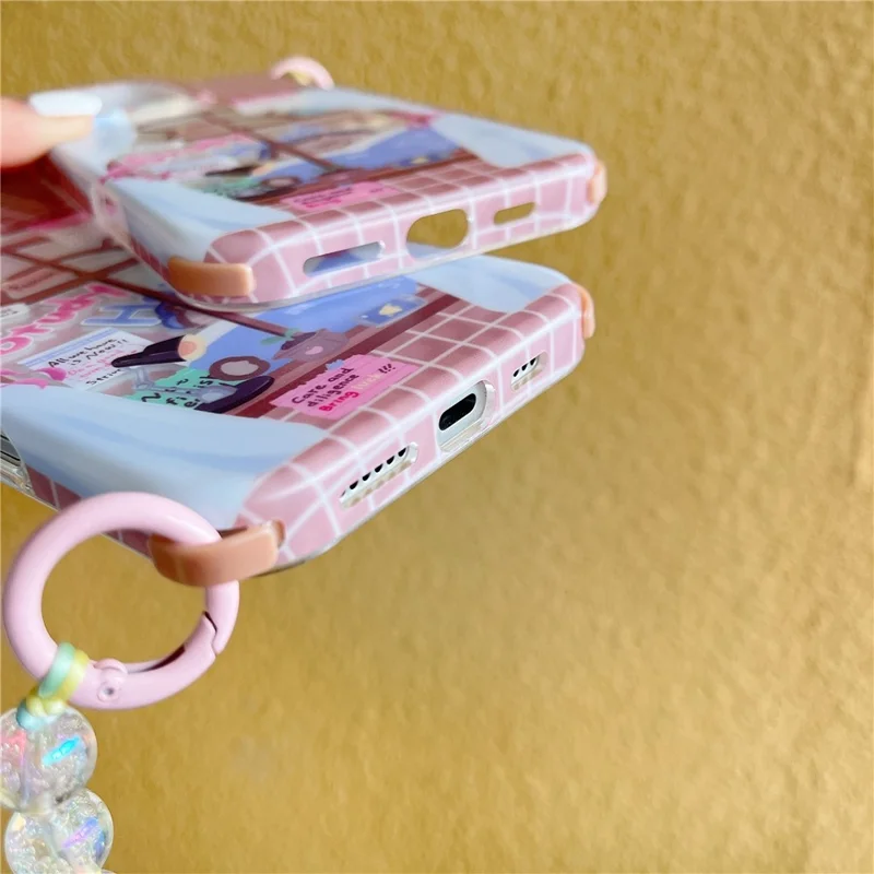 For iPhone 16 Pro Case IMD Cat Reading Design TPU Phone Cover with Beaded Strap