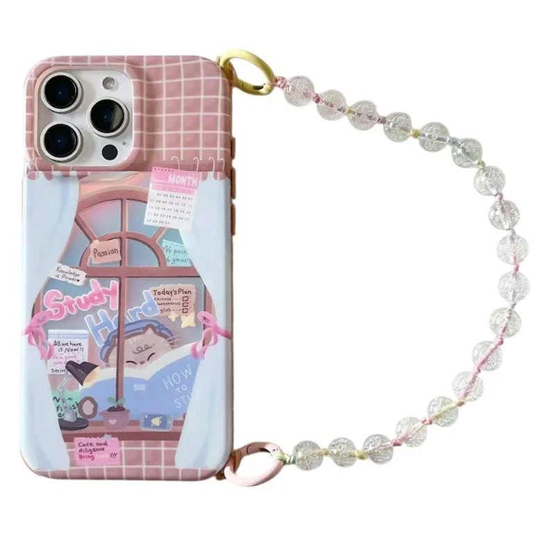 For iPhone 15 Pro Max Case IMD Cat Reading Design TPU Phone Cover with Beaded Strap
