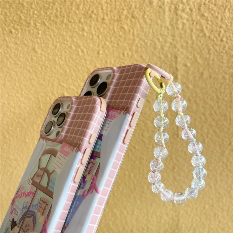 For iPhone 15 Pro Case IMD Cat Reading Design TPU Phone Cover with Beaded Strap