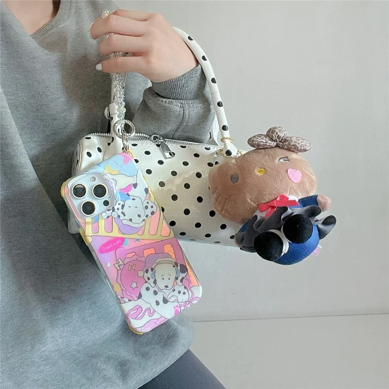 For iPhone 16 Pro Case IMD Cartoon Dalmatian TPU Phone Cover with Beaded Strap