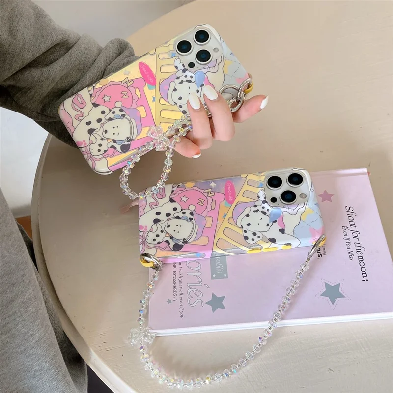 For iPhone 16 Pro Case IMD Cartoon Dalmatian TPU Phone Cover with Beaded Strap