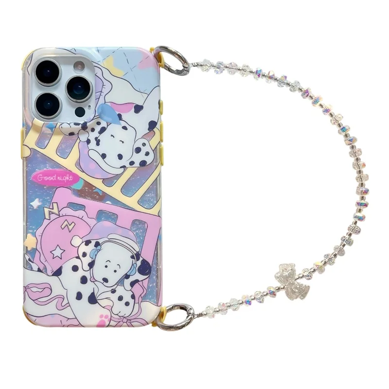 For iPhone 15 Pro Max Case IMD Cartoon Dalmatian TPU Phone Cover with Beaded Strap