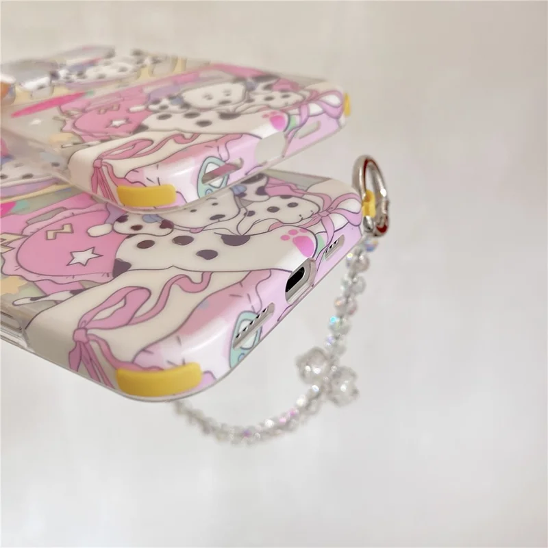 For iPhone 15 Pro Max Case IMD Cartoon Dalmatian TPU Phone Cover with Beaded Strap