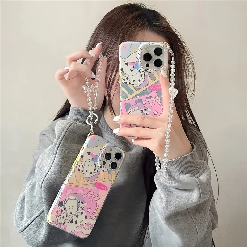 For iPhone 15 Pro Max Case IMD Cartoon Dalmatian TPU Phone Cover with Beaded Strap
