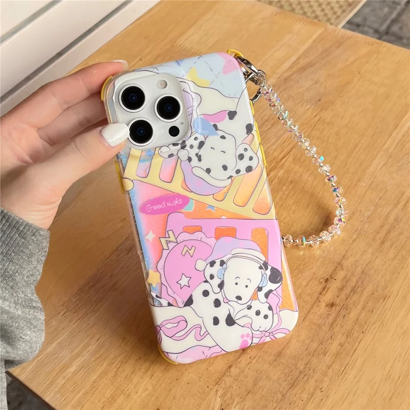 For iPhone 15 Pro Max Case IMD Cartoon Dalmatian TPU Phone Cover with Beaded Strap