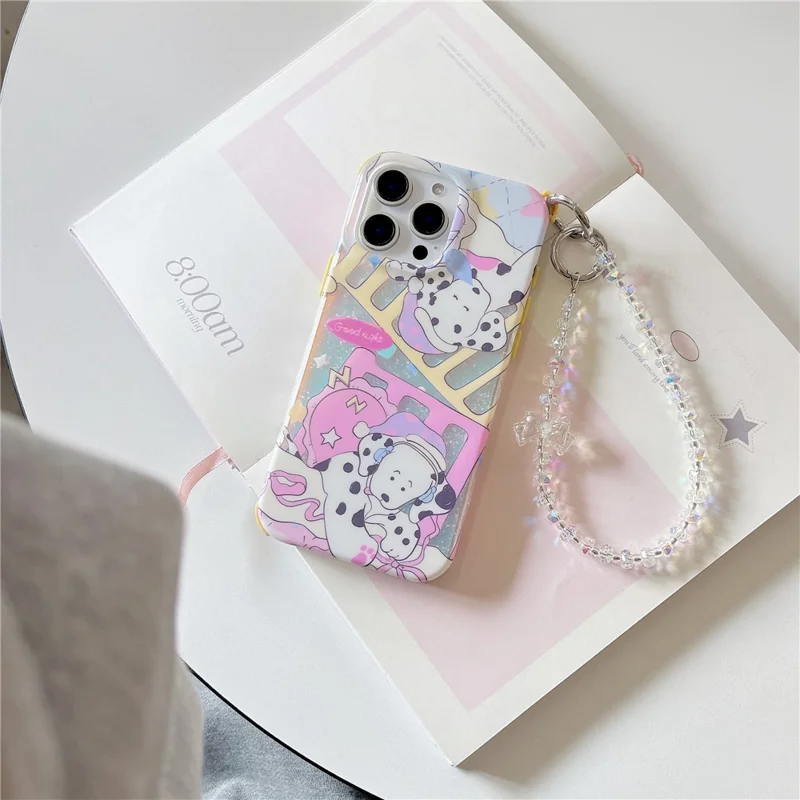 For iPhone 15 Pro Max Case IMD Cartoon Dalmatian TPU Phone Cover with Beaded Strap