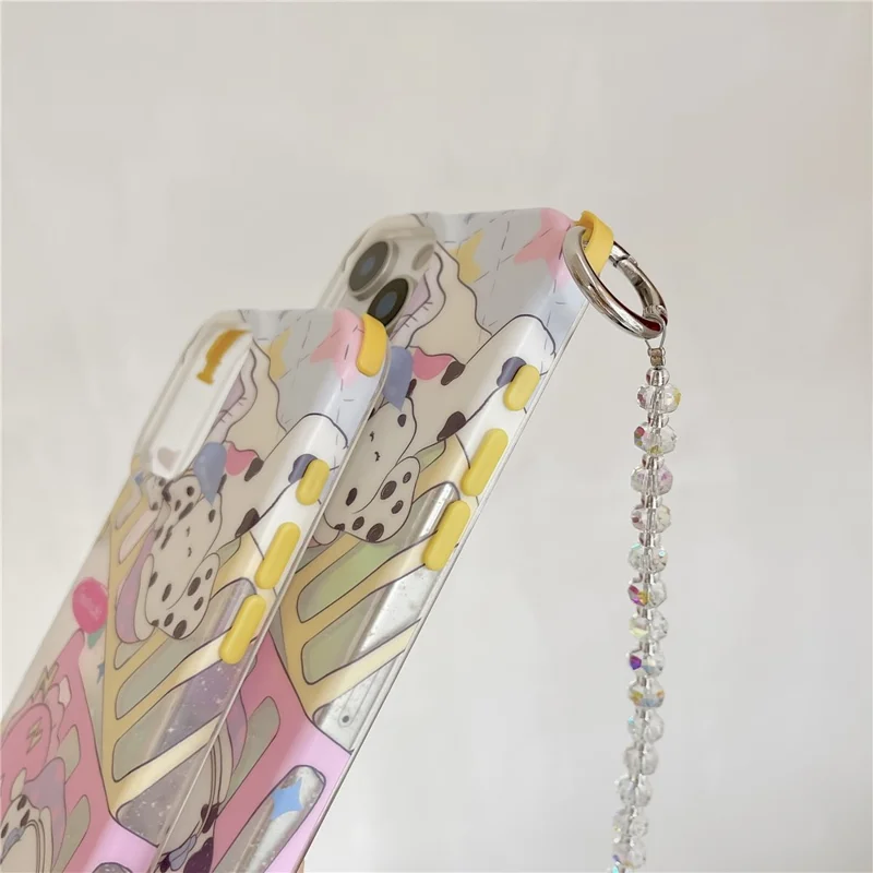 For iPhone 15 Pro Case IMD Cartoon Dalmatian TPU Phone Cover with Beaded Strap