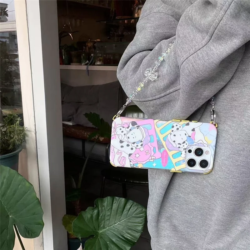 For iPhone 15 Pro Case IMD Cartoon Dalmatian TPU Phone Cover with Beaded Strap