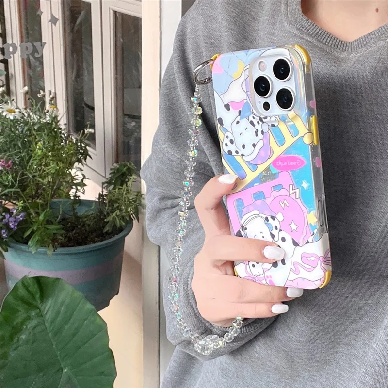 For iPhone 15 Pro Case IMD Cartoon Dalmatian TPU Phone Cover with Beaded Strap