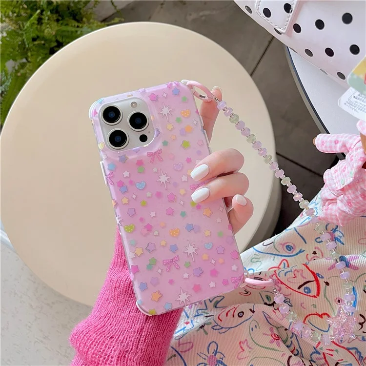 For iPhone 15 Pro Max Case IMD Star Design TPU Phone Cover with Beaded Strap - Pink