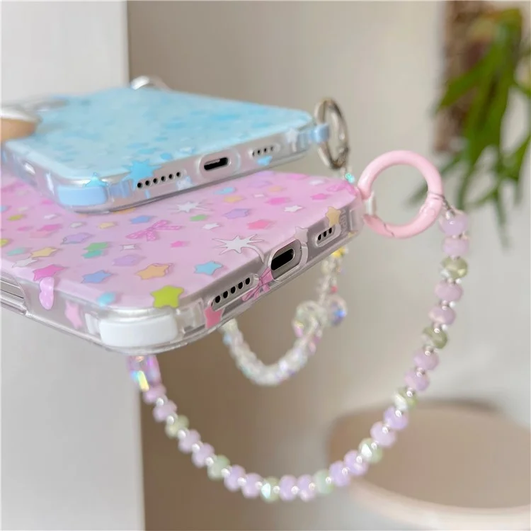 For iPhone 15 Pro Max Case IMD Star Design TPU Phone Cover with Beaded Strap - Pink