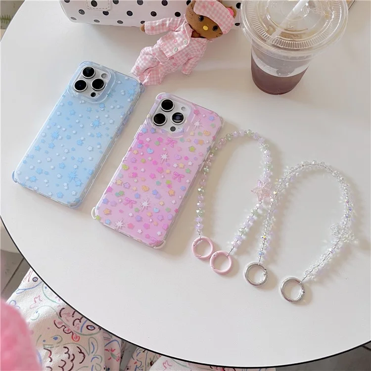For iPhone 15 Pro Max Case IMD Star Design TPU Phone Cover with Beaded Strap - Pink