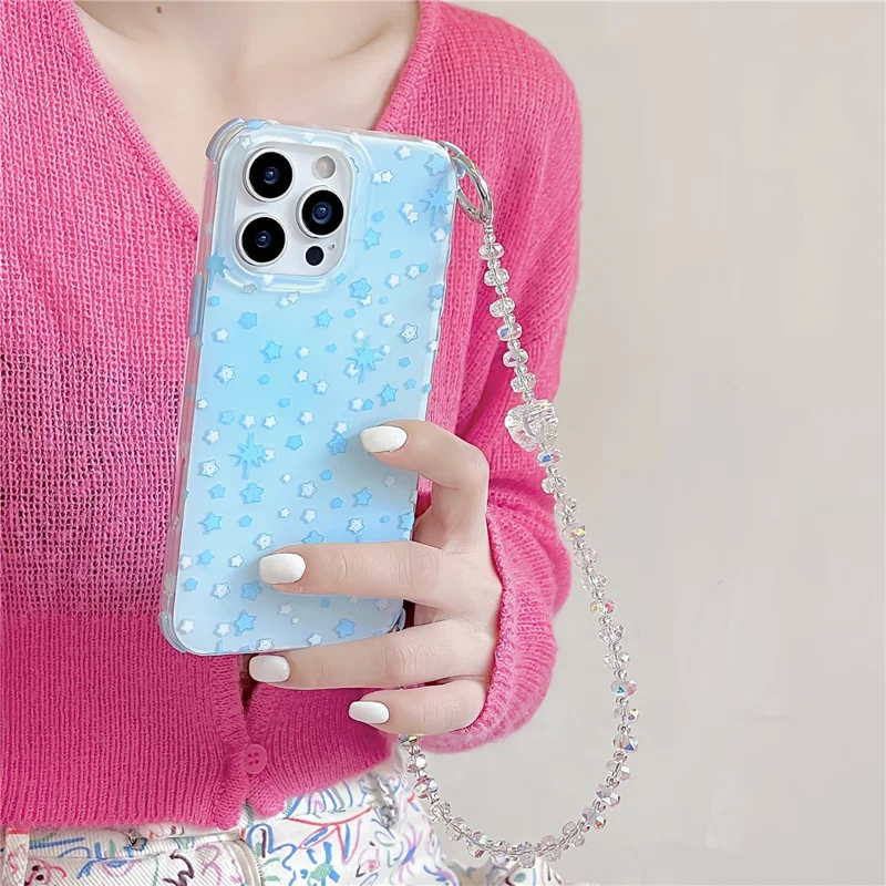 For iPhone 15 Pro Case IMD Star Design TPU Phone Cover with Beaded Strap - Blue