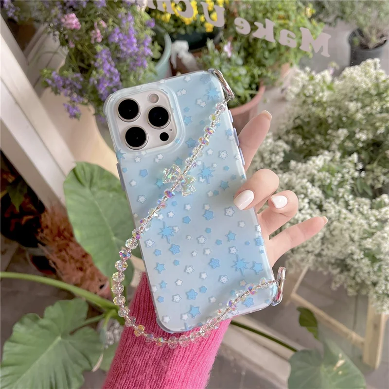 For iPhone 16 Pro Case IMD Star Design TPU Phone Cover with Beaded Strap - Blue